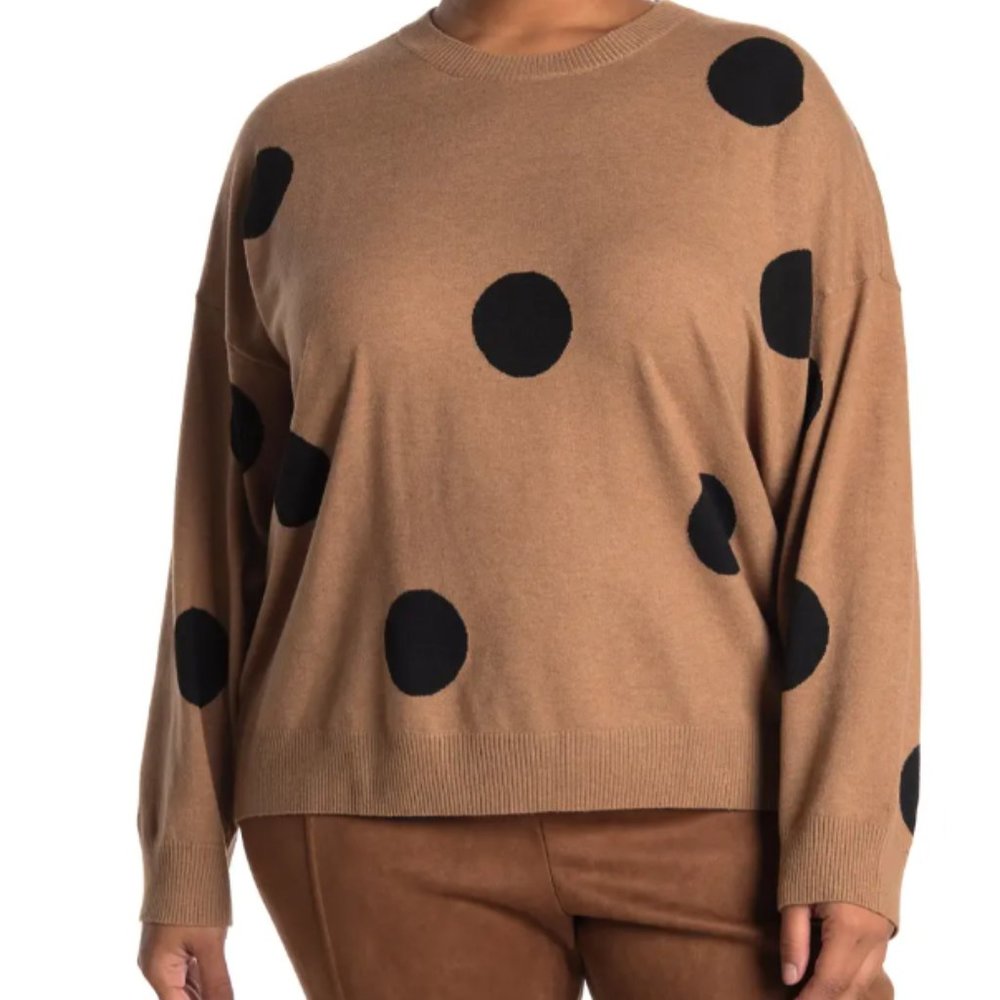 T Tahari Crew Neck Sweater Plus Size, Camel/Black Dot, 1X